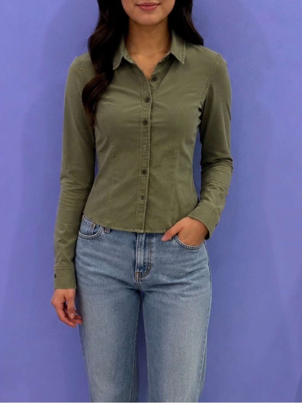 Simons Olive Green Button-Front Long Sleeve Shirt NWT denim feeling
